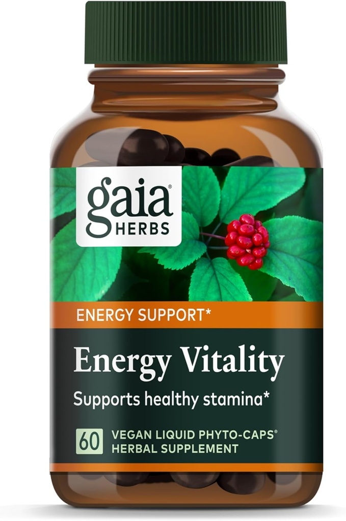 Gaia Herbs Energy Vitality - Energy Support Supplement to Maintain Healthy Energy and Stress Levels - with Ginkgo, Ginseng, Green Tea, and Nettle* - 60 Vegan Liquid Phyto-Capsules (20-Day Supply)