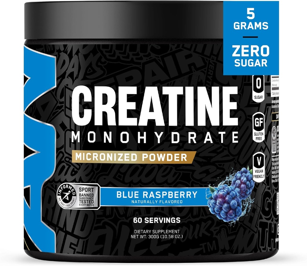 All Black Everything Creatine Monhydrate de 60 portions Bleu Razz de la poudre d'acide amino micronisée Soutien Muscles de l'énergie cellulaire Fonction cognitive sans gluten et amicale Keto
