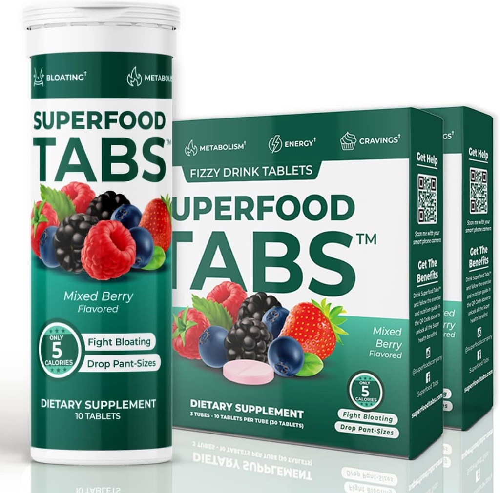 Superfood Tabs Superfoods Company Detox Cleanse Drink - Supplément nutritionnel pour les femmes et les hommes - Soutien poids santé, santé digestive, rages et soulagement de ballonnement - Mélange de saveur de baie [60 comprimés]