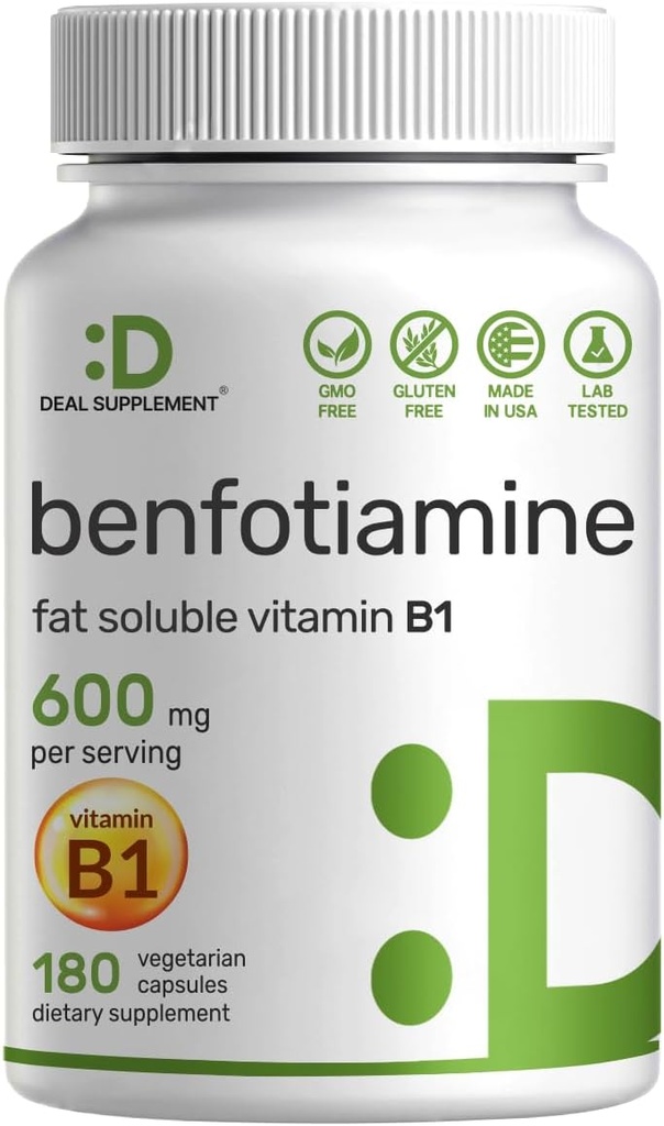 Benfotiamine 600mg par portion, 180 Capsules de Véggie (300mg par capsule) – Supplément de vitamine B1 de graisse soluble Thiamine – 3ème partie testée, végétalienne, non-OGM, sans gluten
