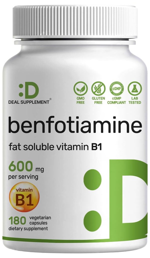 Benfotiamine 600mg par portion, 180 Capsules de Véggie (300mg par capsule) – Supplément de vitamine B1 de graisse soluble Thiamine – 3ème partie testée, végétalienne, non-OGM, sans gluten