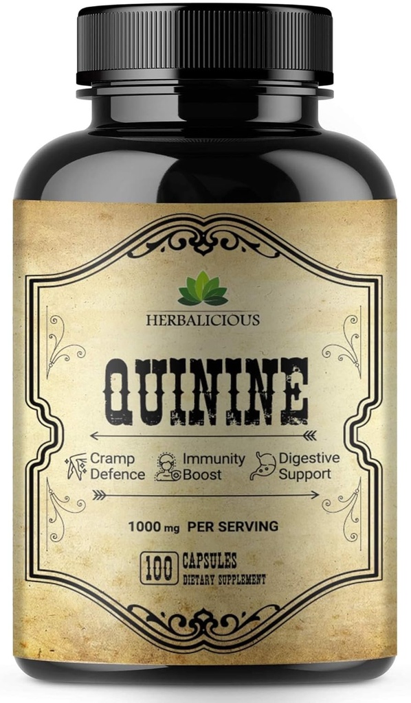 Gélules de quinine HERBALICIEUX - Supplément à base de plantes Cinchona Officinalis pour la défense des muscles, des crampes et la santé globale digestive - Pilules de sulfate de quinine tout naturel, 500mg par gélule, 100 comprimés