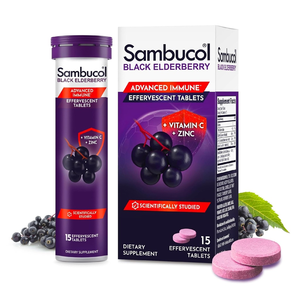 Sambucol Comprimés effervescents de baies d'ail - baies d'ail avec du zinc et de la vitamine C pour adultes, comprimés dissolvants de baies d'ail, baies - 15 Nombre