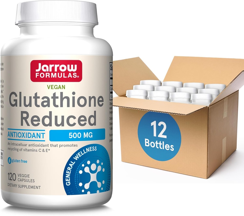 Formules de Jarrow Glutathion réduit 500 mg- 120 Capsules de Veggie- Antioxydant intracellulaire- Suppléments de qualité de Glutathion- soutient le recyclage des vitamines C et E- sans OGM- sans gluten- végétalien, 12 boîtes