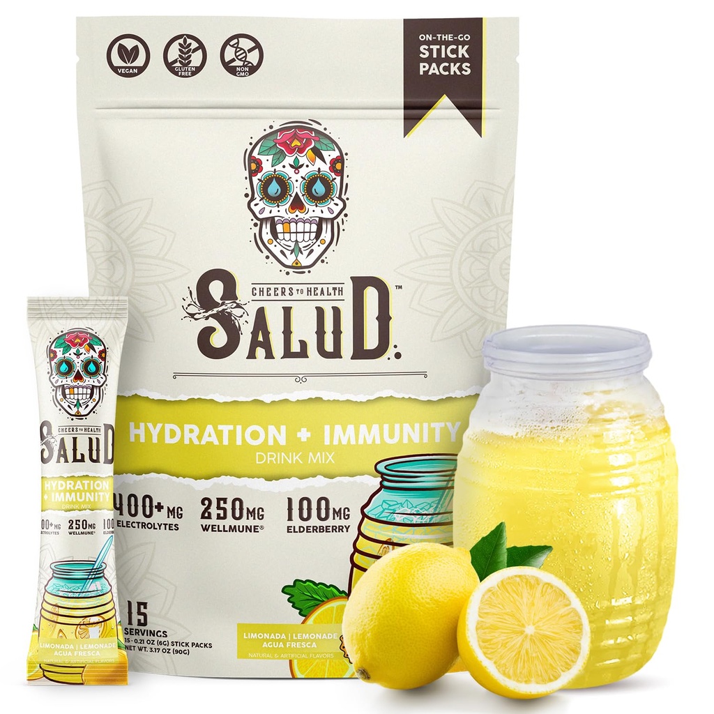 Salud 2-en-1 Packs d'hydratation + Immunity Electrolytes Poudre, Lemonade - Agua Fresca Mélange de boissons, Elderberry, Lait et sans soja, Non-OGM, Sans gluten, Vegan, Basse-Calorie, 1g de sucre (15 portions)