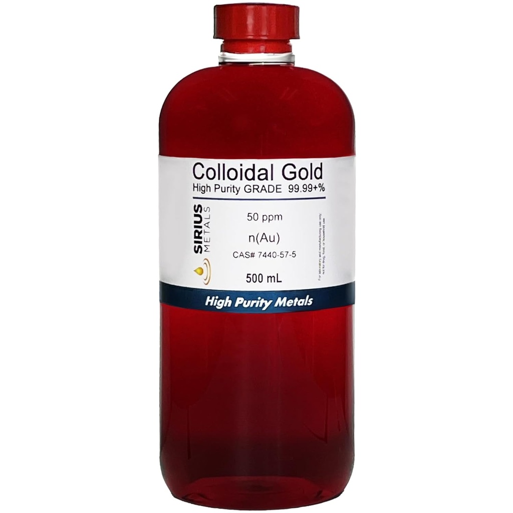 Vrai Or colloïdal – 50 ppm - 99,99+% Pureté - 500 mL (16,9 Fl Oz) en bouteille en plastique sans BPA - Fabriqué aux États-Unis