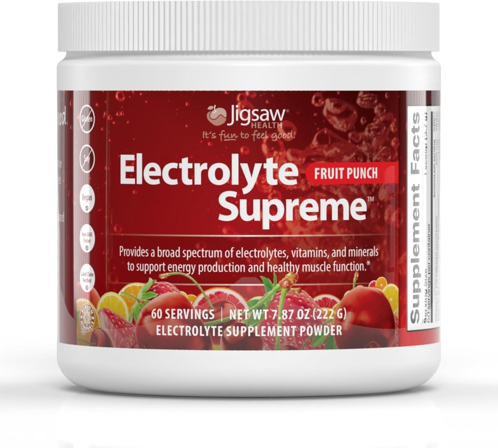 Jigsaw Health Electrolyte Supreme : large spectre d'électrolytes + minéraux traces : parfum de punch de fruits : 60 portions (Jar)