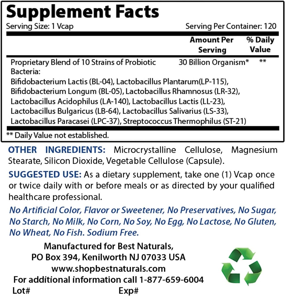 Meilleurs Probiotiques naturels 10 souches et 30 milliards UFC et vitamine B2 (Riboflavine) 400mg