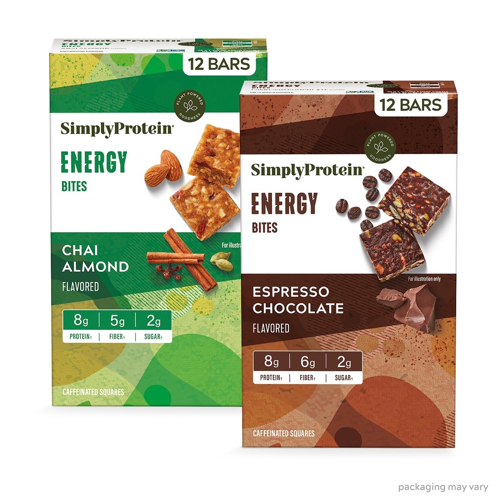 Simply Protein - Energy Bites Variety Pack, 24 Bars - Plant Based Caffeinated Squares - 55mg Caféine - Energy Boost - 8g Protein, 2g Sucre, 5-6g Fibre, 120-130 Calories - Vegan, sans gluten, non OGM