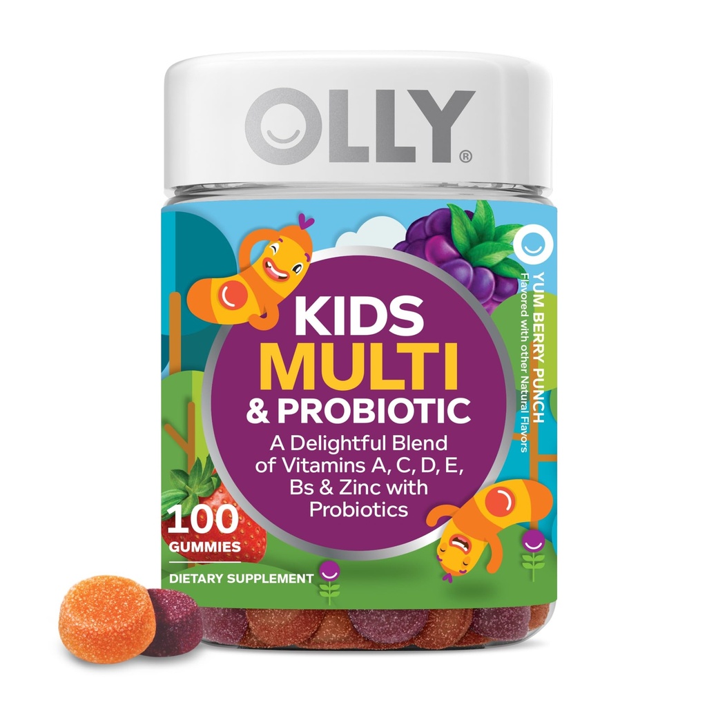 Multivitamines et gommy probiotiques pour enfants, soutien digestif, vitamines A, D, C, E, B, zinc, supplément à croquer, aromatisé aux baies, approvisionnement de 50 jours - 100 comtes