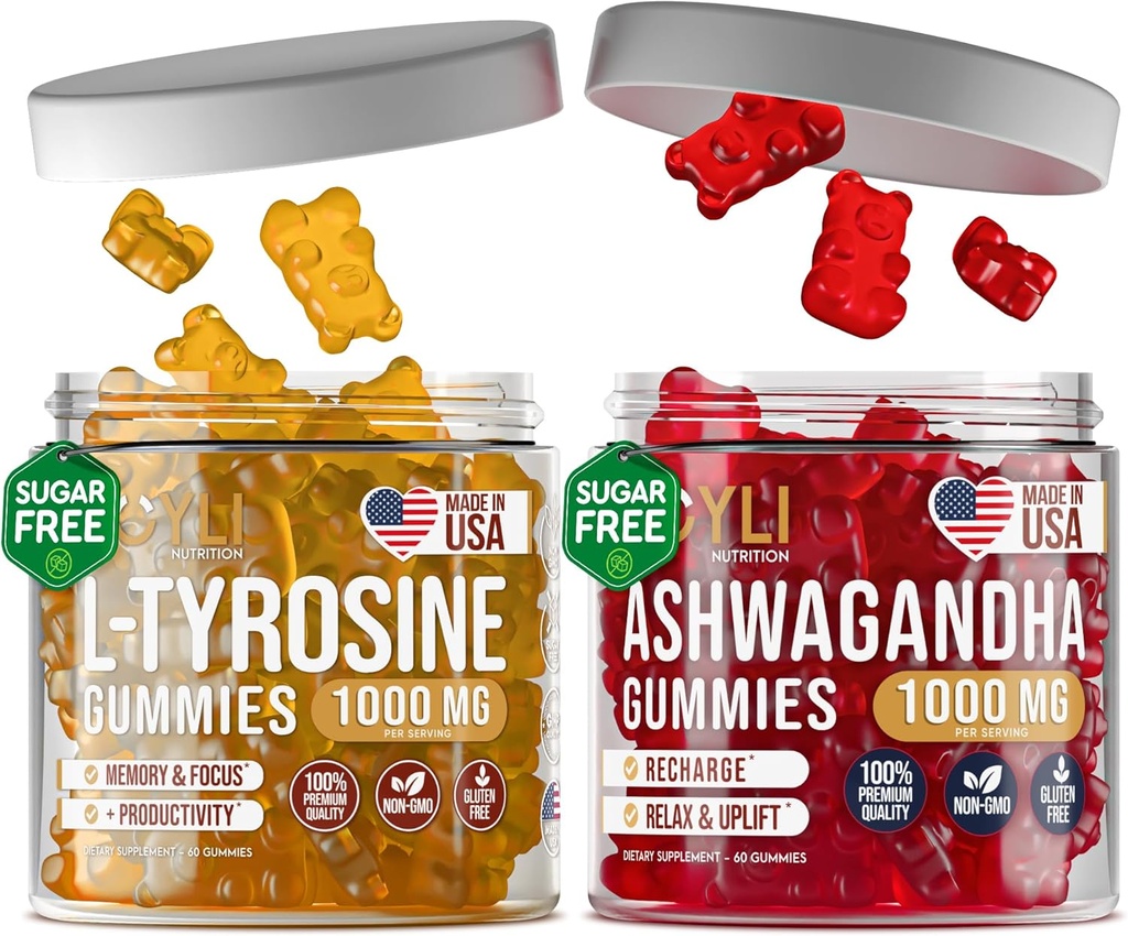 Gummies L-Tyrosine + Gummies Ashwagandha - Supplément L Tyrosine et Suppléments Ashwagandha Bundle - Ashwaganda, L-Tyrosine pour enfants et adultes - 60 Gummies Ashwa, 60 L-Tyrosine Focus Gummies