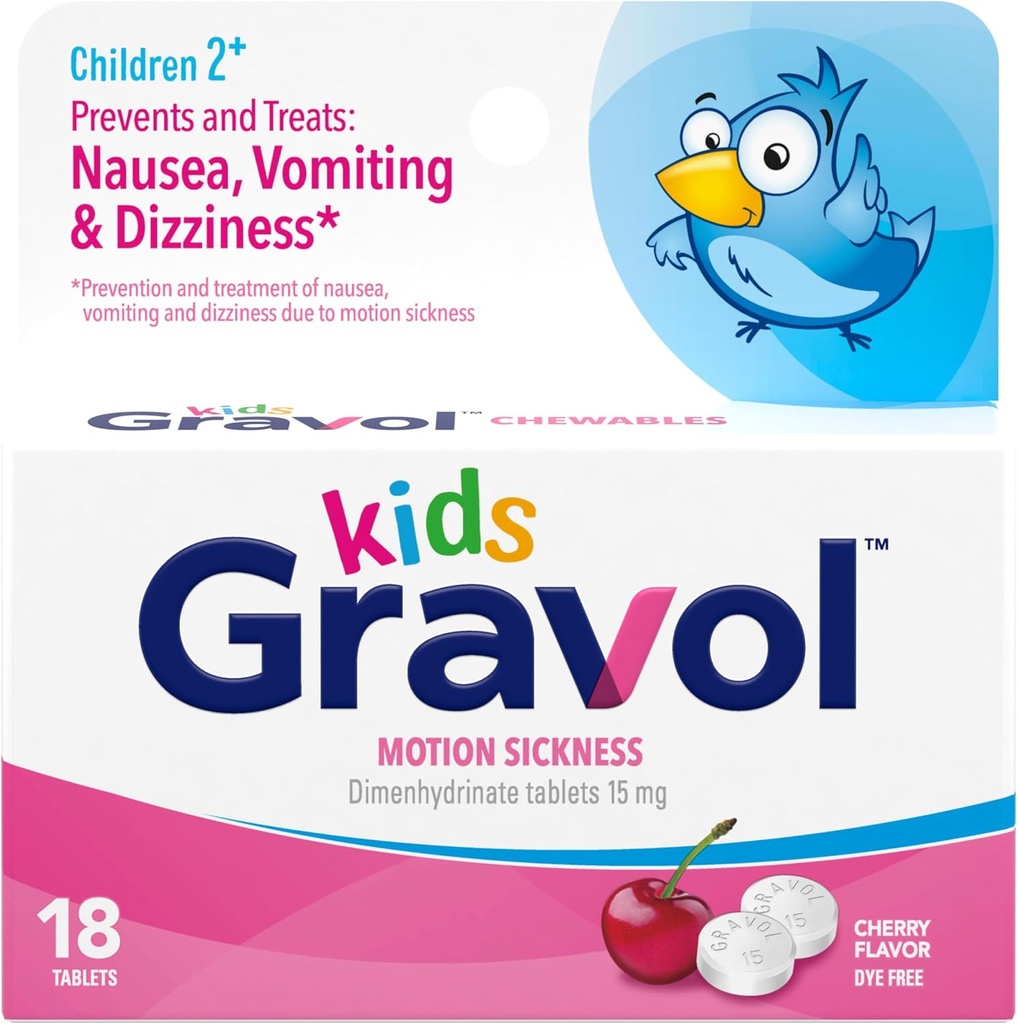 Comprimés croustillants pour enfants gravols pour nausées, stomach relevé et soulagement de la maladie du mouvement, sans colorant, saveur de cerise, 2 à 12 ans, 18ct