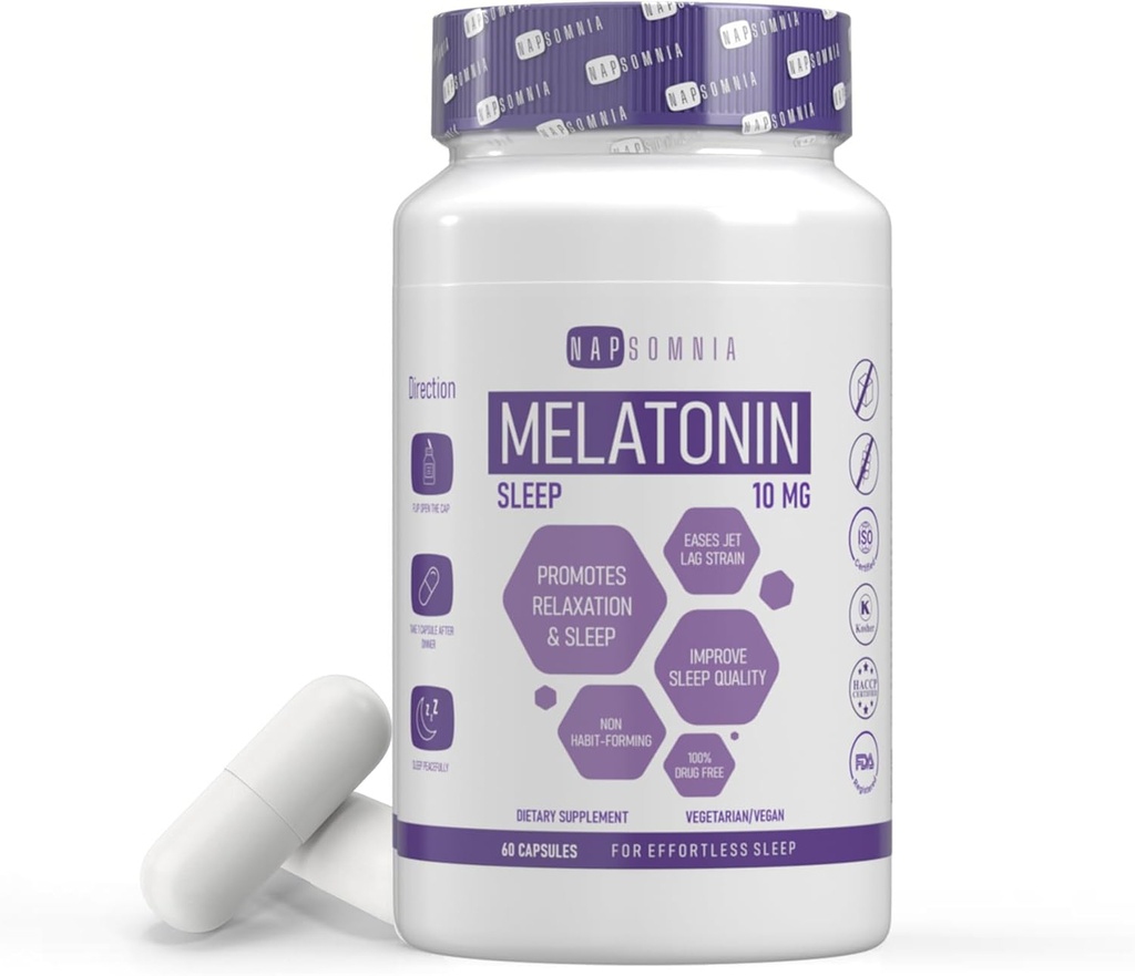 Melatonine pour le sommeil des hommes et des femmes - Sleep Melatonine w/Valerian Root Extract - Vegan Melatonin 10 Mg Capsules - Aide au sommeil pour les adultes - Suppléments de sommeil profond pour soulager la souche Jet Lag