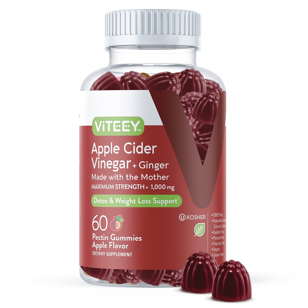 Viteey Gommies de vinaigre de cidre de pomme et gingembre – Gommies de 1000 mg de vinaigre de cidre de pomme pour la perte de poids, la détox et la digestion – végétalien, sans gluten – compte 60