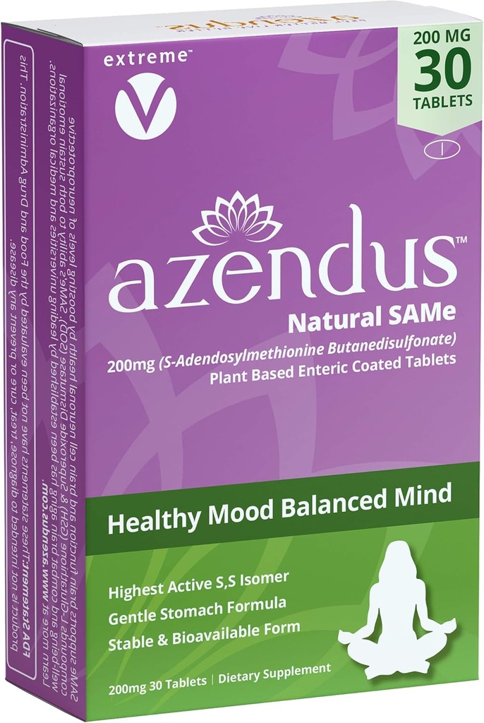 Azendus SAM-e Mood Support 200mg, 30 Count, Same Butanedisulfonate Fiber Enteric Coated Tablets