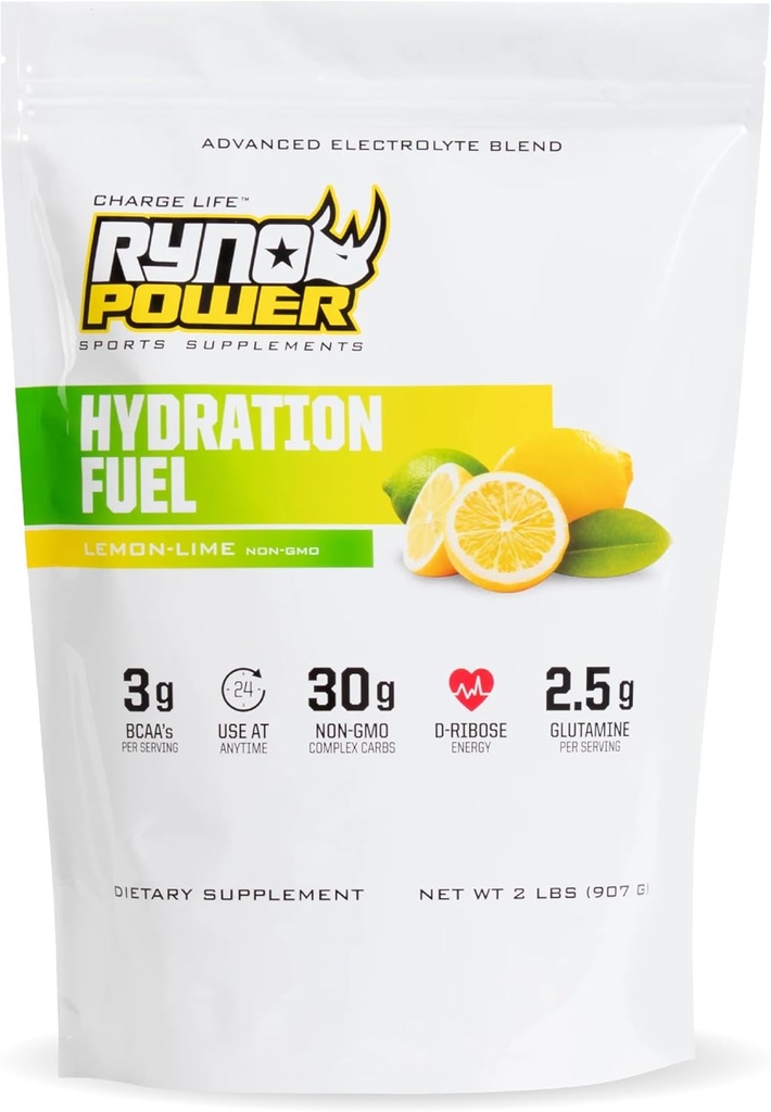 Ryno Puissance Hydratation Combustible Electrolyte Mélange 2lb (20 portions) 'Lemon Lime' - Formule d'électrolyte avancée + BCAA's - Sans gluten - Récupération d'énergie et de muscles durable