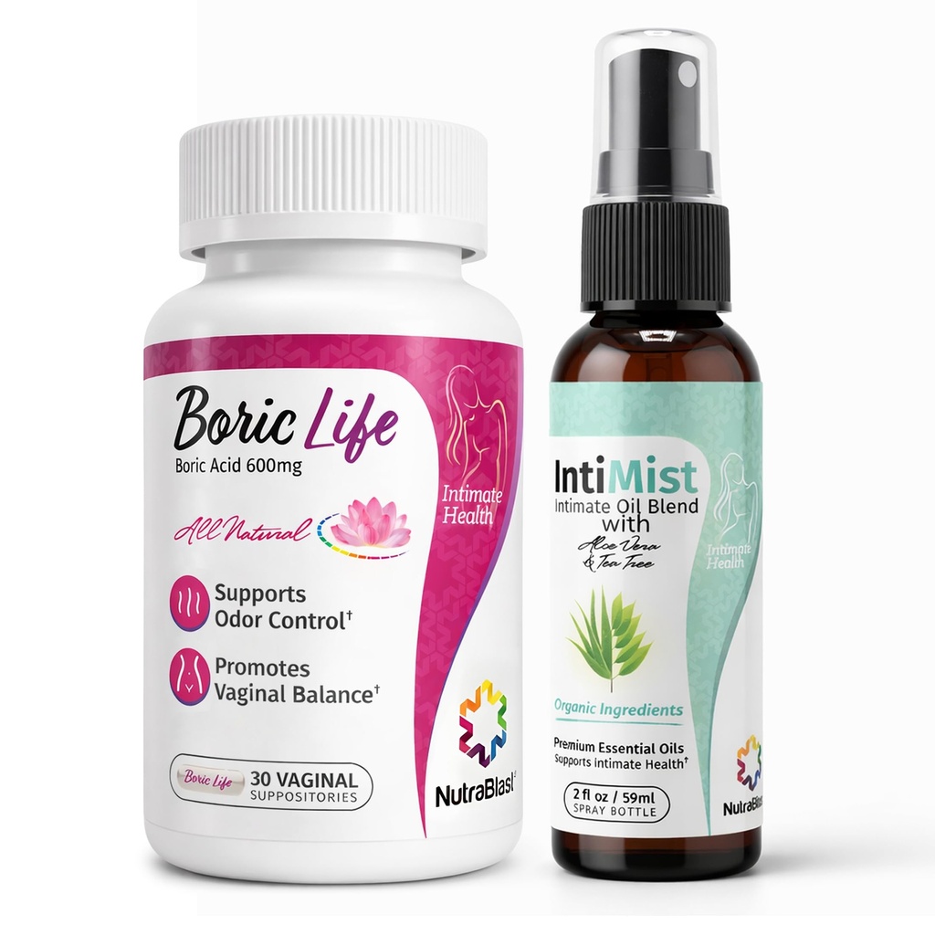 Acide borique NutraBlast Suppositoires vaginales 600mg (30 Nombre) avec/Huiles essentielles intimistes Mélange Spray (2 fl oz)