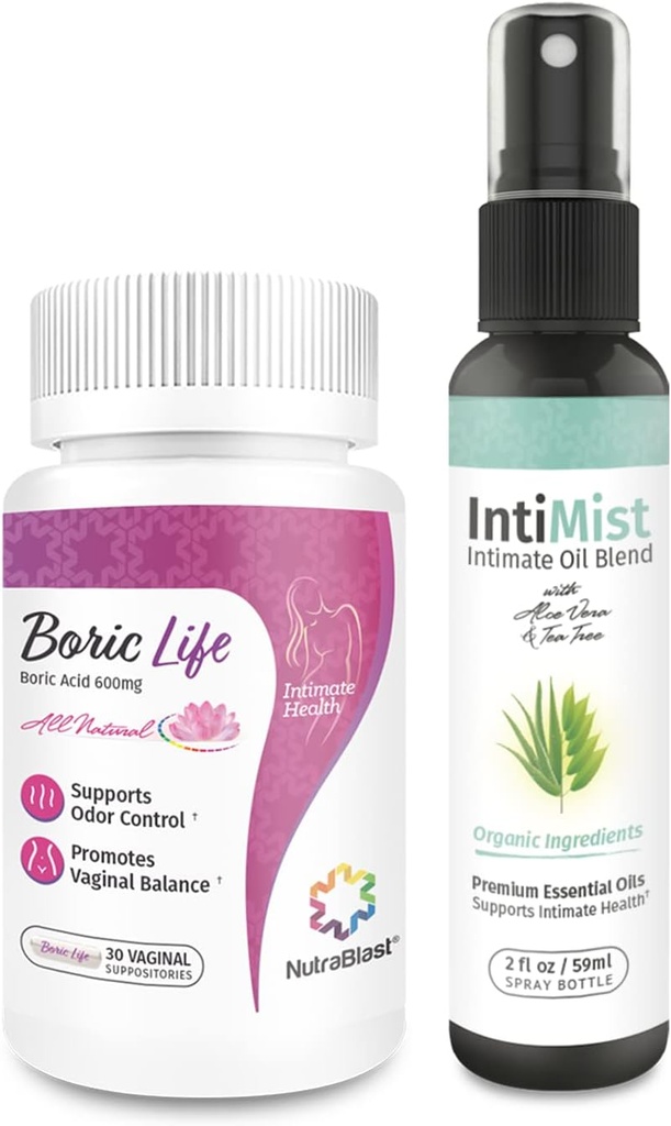 Acide borique NutraBlast Suppositoires vaginales 600mg (30 Nombre) avec/Huiles essentielles intimistes Mélange Spray (2 fl oz)