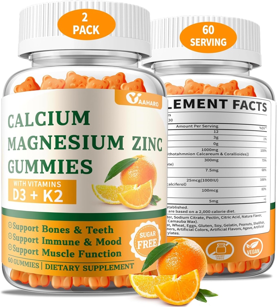 (2 Pack) Gommies de zinc de magnésium de calcium avec vitamine D3 et K2 - Gommies de calcium sans sucre pour les femmes et les hommes - Soutien osseux et immunitaire - Non-OGM, sans gluten, aromatisé orange - 120 Compte