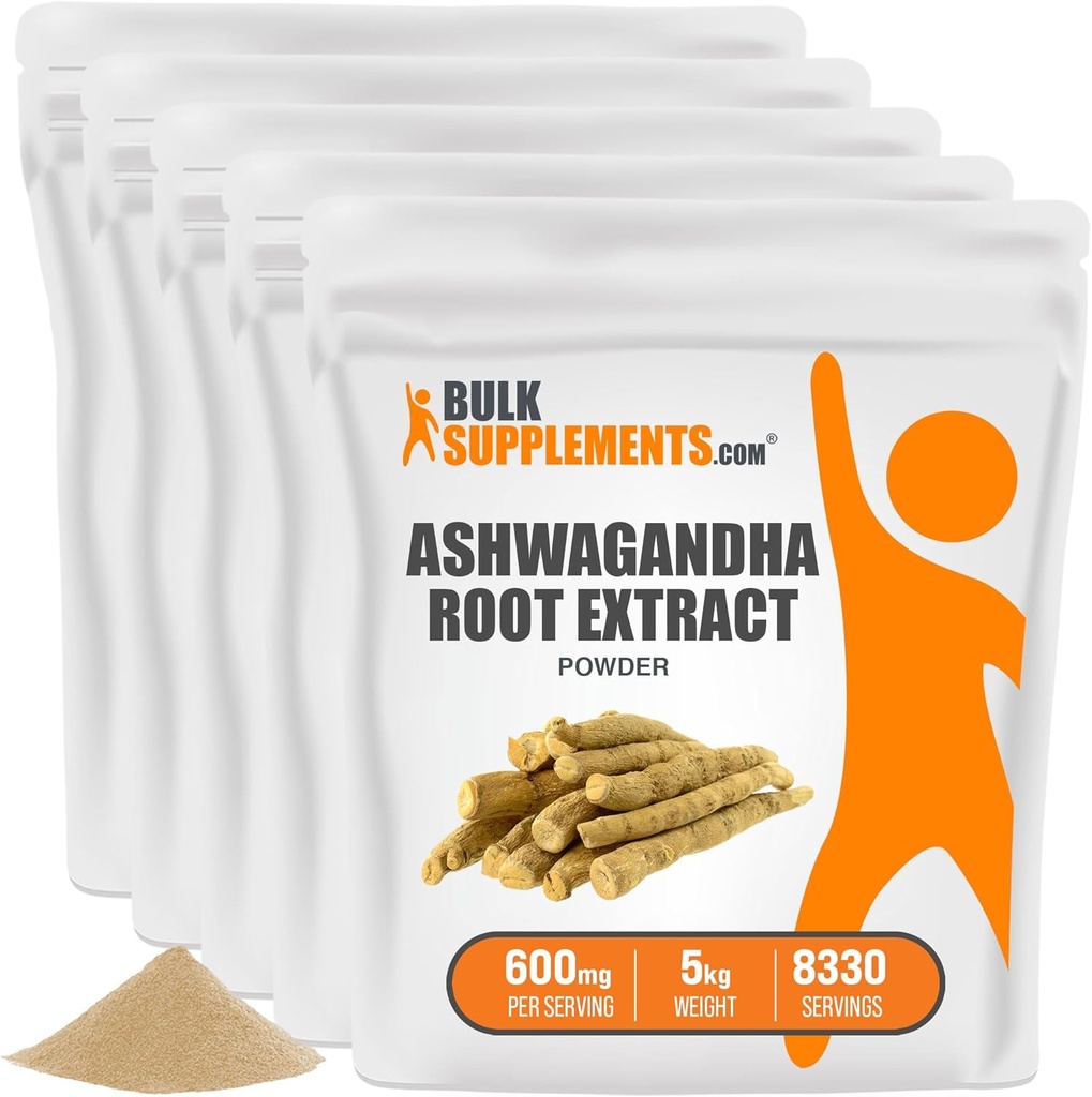 BulkSupplements.com Poudre d'extrait de racine d'Ashwagandha - Supplément d'Ashwagandha, poudre d'Ashwagandha - de racine d'Ashwagandha - Vegan & sans gluten, 600mg par portion, 5kg (11lb) (paquet de 5)