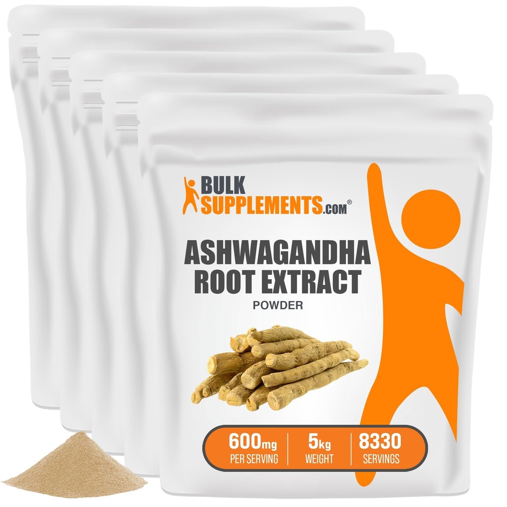 BulkSupplements.com Poudre d'extrait de racine d'Ashwagandha - Supplément d'Ashwagandha, poudre d'Ashwagandha - de racine d'Ashwagandha - Vegan & sans gluten, 600mg par portion, 5kg (11lb) (paquet de 5)