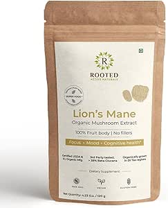 Poudre d'extrait de champignons de la Manille de Lions de ROOTED Active USDA Organique, 38 % de bêta-glucanes vérifiés.