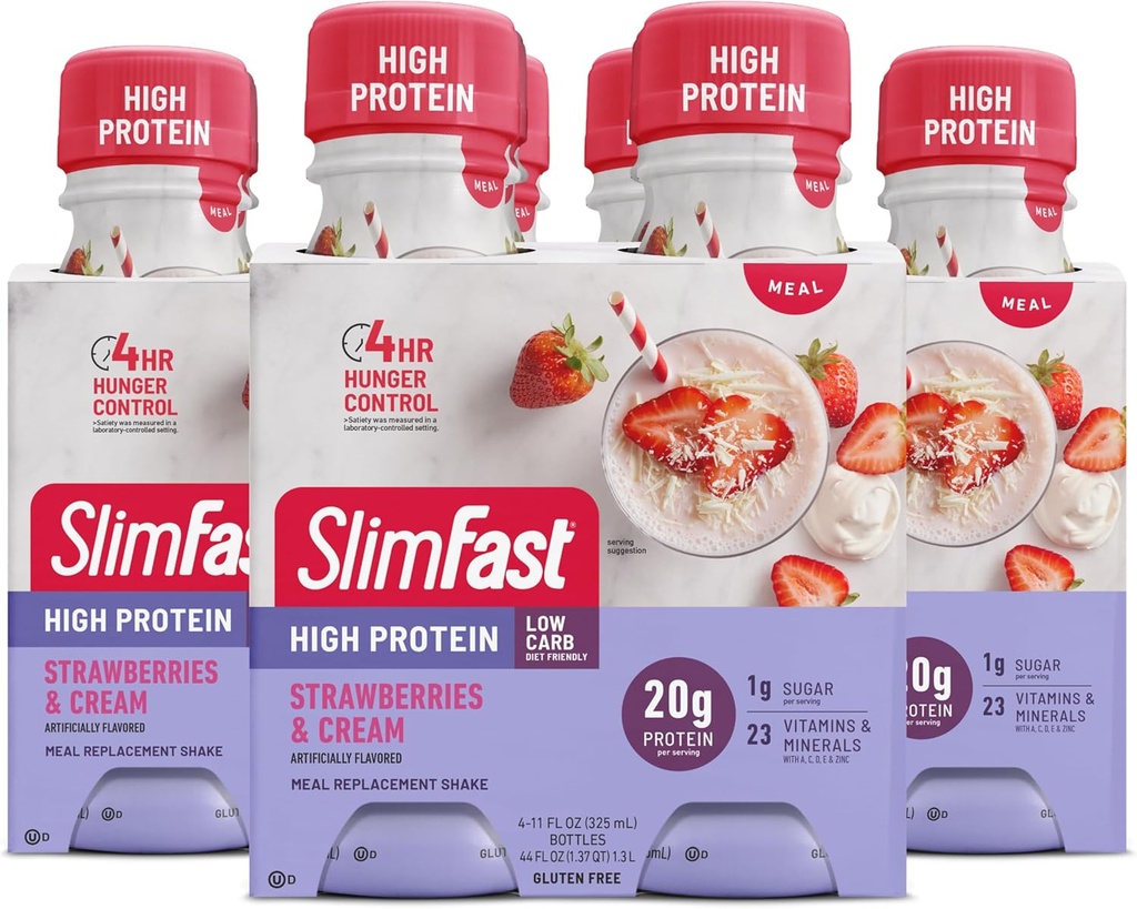 SlimFast avancé de la nutrition substitut de protéines Shake - prêt à boire, rose, fraises et crème, 4 bouteilles (paquet de 3)