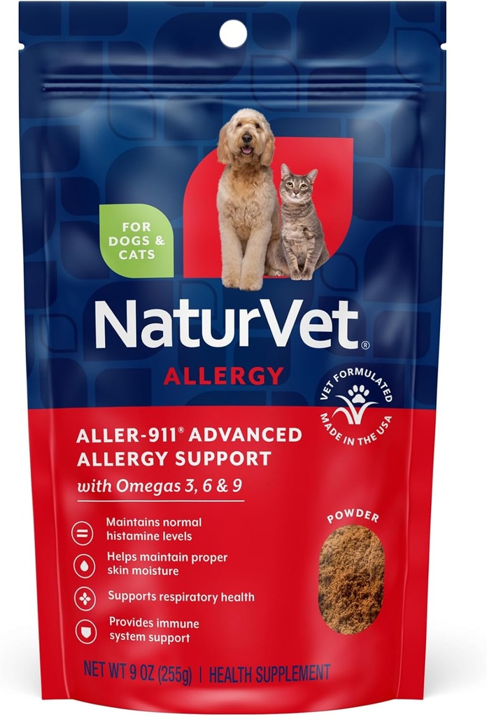 NaturVet Aller-911 Advanced Allergy Aid Formula Powder Plus Antioxydants pour chiens et chats, en poudre de 9 oz, fabriqués aux États-Unis