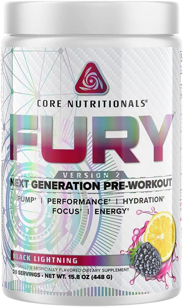 Core Nutritionals Fury V2: Pre-Workout Powder to Maximize Performance in The Gym W/Zum-XR® Caffeine, L-CItruline, and Alpha GPC (40 Scoops) (Black Lightning)