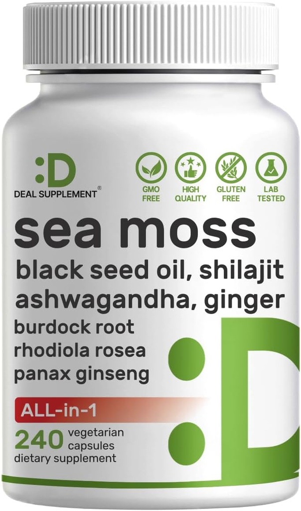 DEAL SUPPLEMENT Irish Sea Moss 7000mg Per Serving, 240 Veggie Capsules – 14 Superfood Complex – 3000mg Black Seed Oil, 2000mg Ashwagandha, 600mg Ginger
