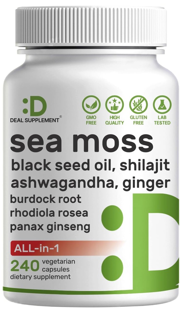 SUPPLÉMENT DE DÉAL Moss de la mer d'Irlande 7000mg par portion, 240 Capsules de Veggie – 14 Complexe Superfood – 3000mg Huile de Graine Noire, 2000mg Ashwagandha, 600mg Ginger