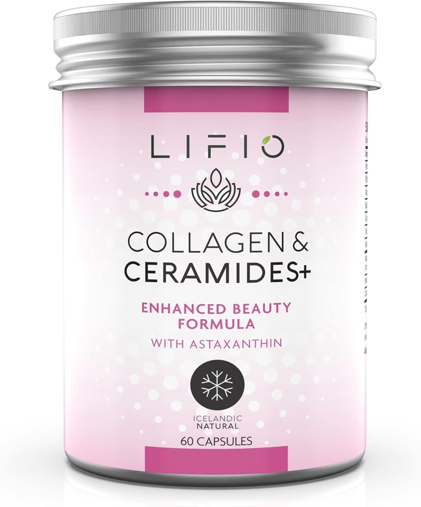 Collagène et Céramides+, formule beauté améliorée avec astaxanthine et biotine, vitamine A, B2, B3, B12, C & D favorise l'hydratation et l'élasticité de la peau, non-OGM, sans gluten, sans soja, 60 capsules