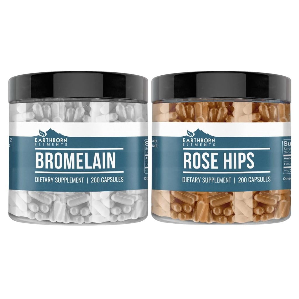 Éléments d'origine terrestre Rose HIPS & Bromelain Capsule Bundle (200 capsules chacune), Pure & Non dilué, Pas d'additifs