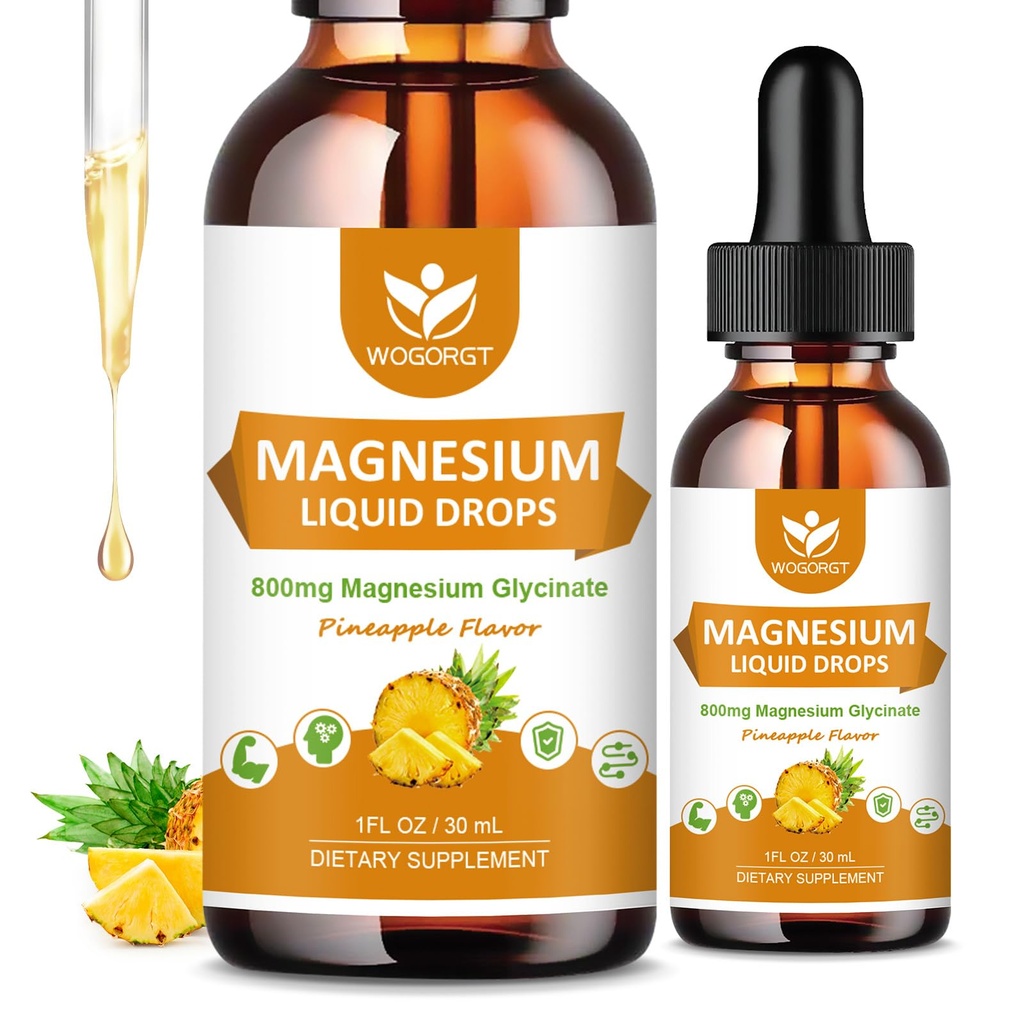 Glycinat de magnésium gouttes liquides avec Citrate et Taurate - Cognition, Muscle et Focus, Complément complexe de magnésium liquide avec vitamine D3, GABA, L-théanine, Arôme d'ananas - 1 Fl Oz (2 Pack)
