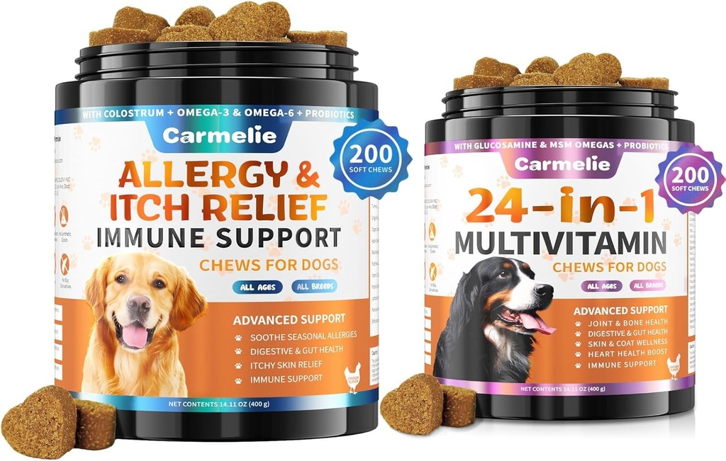 Chien Allergie Chews + Carmelie 24 en 1 Chien Multivitamine Chewable - 400 Treats - Saisonnier Allergie Relief + Vitamines de chien pour la hanche et les articulations, la peau et le manteau, la santé immunitaire (Chicken Flavor)