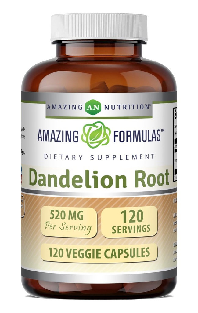 Formules étonnantes Racine de dandelion (Taraxacum Officinale) Supplément: 520 Mg par portion: 120 Capsules Végétiques: 120 Capsules Sans GMO: