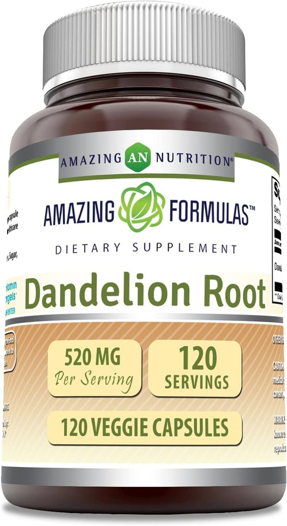 Formules étonnantes Racine de dandelion (Taraxacum Officinale) Supplément: 520 Mg par portion: 120 Capsules Végétiques: 120 Capsules Sans GMO: