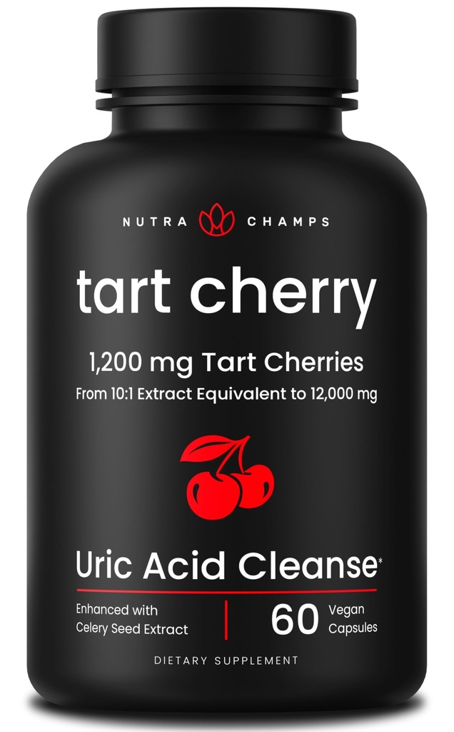 Capsules d'extrait de cerise de tart biologique 12 000mg - Fabriquées à partir de concentré de cerise de tart de Montmorency, de graines de céleri et de bilberry - Nettoyage de l'acide urique et soutien articulaire - Capsules végétaliennes