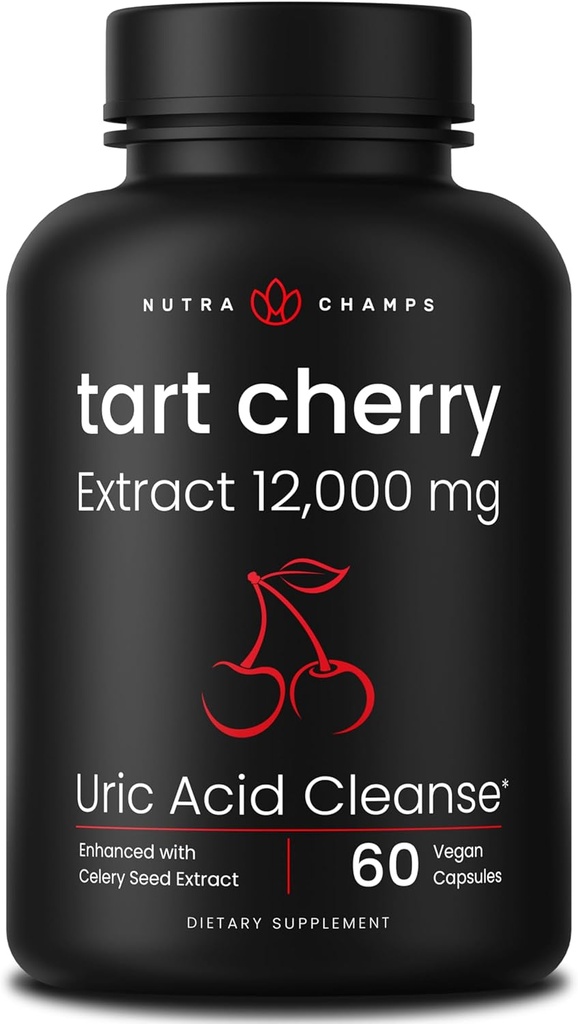 Capsules d'extrait de cerise de tart biologique 12 000mg - Fabriquées à partir de concentré de cerise de tart de Montmorency, de graines de céleri et de bilberry - Nettoyage de l'acide urique et soutien articulaire - Capsules végétaliennes