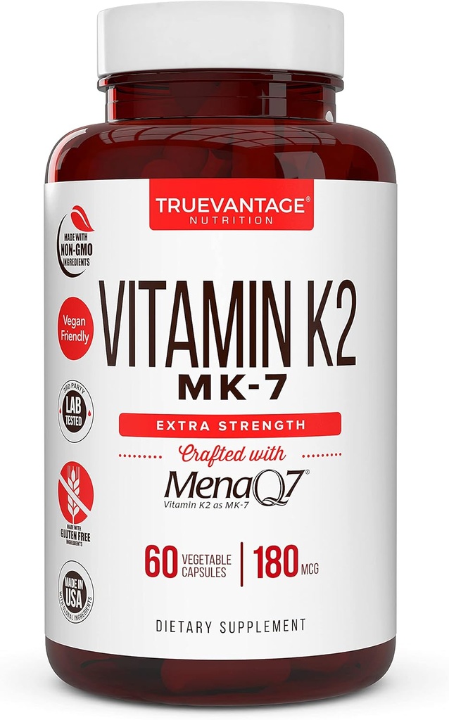Vitamin k2 MK-7 Supplement 180mcg -Vitamin K2 Supports Bone & Heart Health for Cardiovascular Calcium Absorption from Arteries- 60 Easy to Swallow Vegetable caps of MenaQ7 K2 MK7