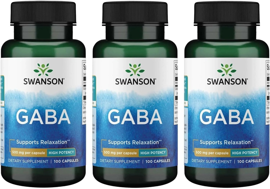Swanson GABA - Supplément Acid Amino Promouvoir le repos et la relaxation pour soutenir le sommeil reposé - Formule à haute puissance pour soutenir les niveaux de stress en santé - (100 capsules, 500 mg chacune) (3 pack)