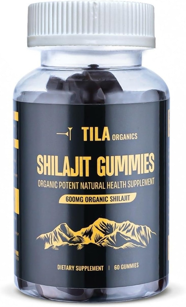 Tila Organic Himalayan Shilajit Gels doux de résine - 60 Gummies, 600 mg- Supplément naturel pour les hommes et les femmes avec plus de 85 minéraux traces, acide fulvic et acide humique Vegan sans gluten
