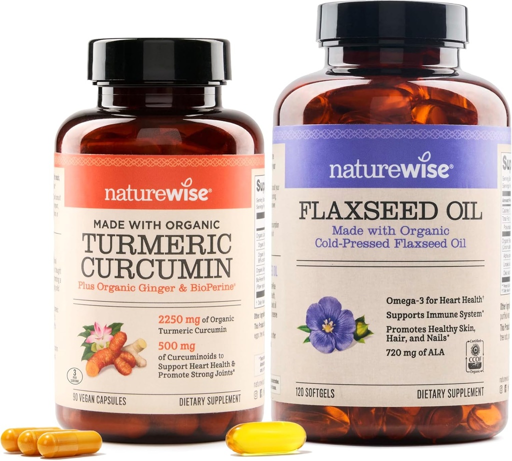 NatureWise Curcumin Turmeric 2250mg & Huile de lin 1200mg Oméga 3 6 9 Softgels pour le soutien articulaire, cardiaque et immunitaire [1 & 2 mois]