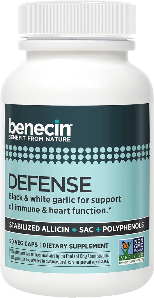 Benecin Defense 1500 mcg Allicine stabilisée par capsule , plus de quantités élevées de SAC et de polyphénols de l'ail noir , Support puissant de la fonction immunitaire et cardiaque (90 comte, 90, comte)
