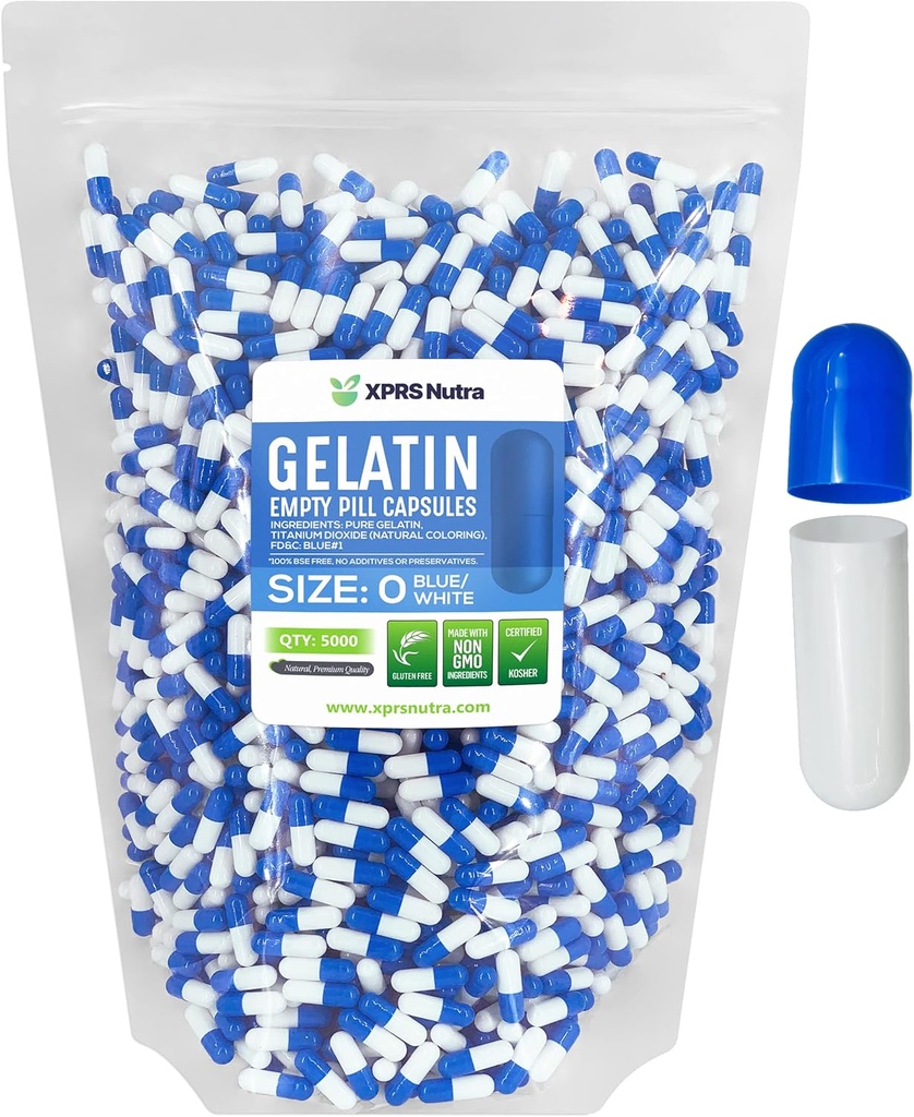 XPRS Nutra Taille 0 Capsules vides - 5000 Compte Capsules de gélatine vides - Pills Bricolage Capsule Remplissage - Pure Pill Gel Caps pour Do-It-Youlf Suppléments (Blue/White)