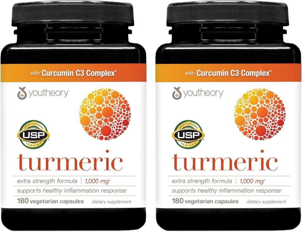 Youtheory Turmeric Extra Strength - 1000 mg - Supporte la santé musculaire et articulaire* - Contient des bioenhancers, des curcuminoïdes et des extraits à base de plantes - USP Vérifié - 180 Capsules végétariennes, 2 Pack (180 jours d'approvisionnement)