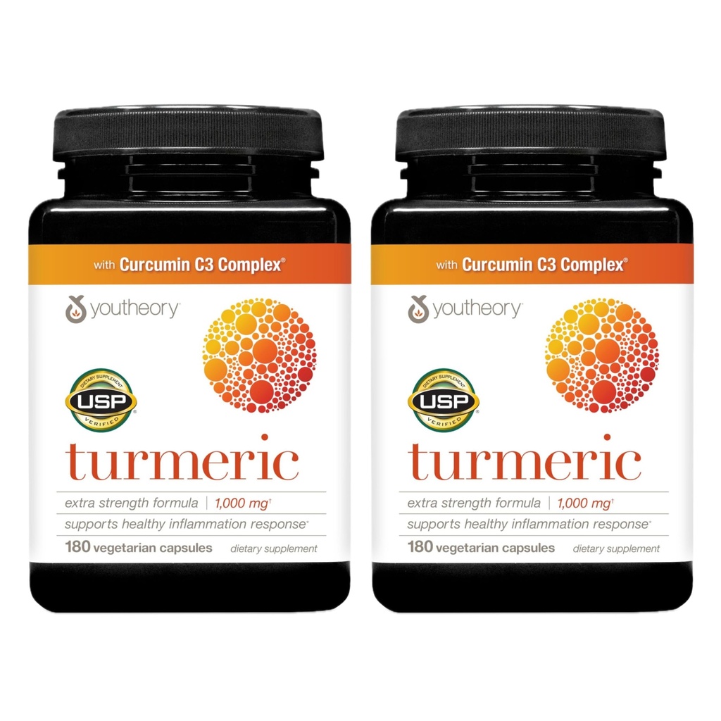 Youtheory Turmeric Extra Strength - 1000 mg - Supporte la santé musculaire et articulaire* - Contient des bioenhancers, des curcuminoïdes et des extraits à base de plantes - USP Vérifié - 180 Capsules végétariennes, 2 Pack (180 jours d'approvisionnement)