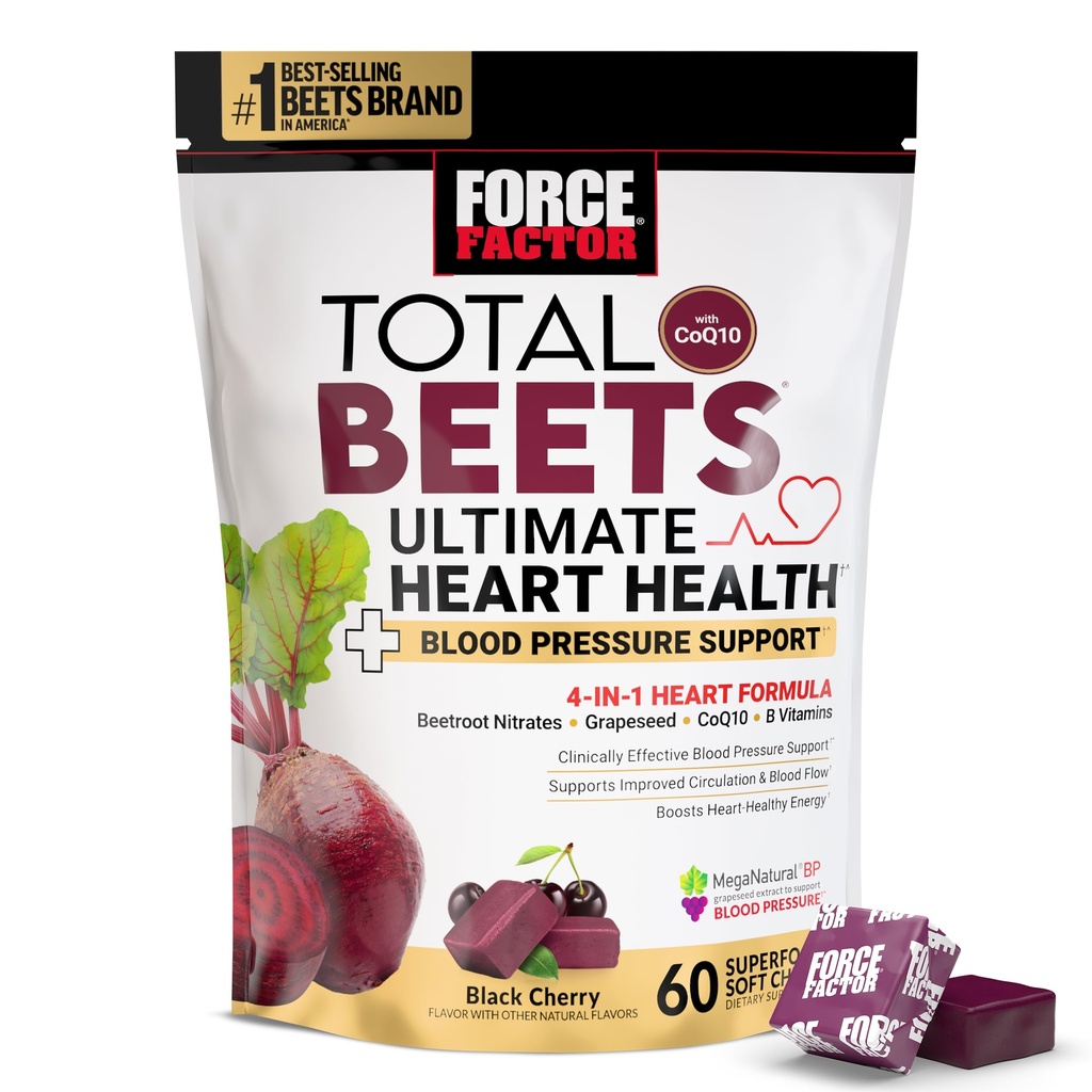 FORCE FACTOR Total Beets Heart Health Chews for Blood Pressure Support, with Beetroot Powder, CoQ10, B Vitamines et extrait de graines de raisin pour le flux sanguin et l'énergie, Cerise noire, 60 Chews doux