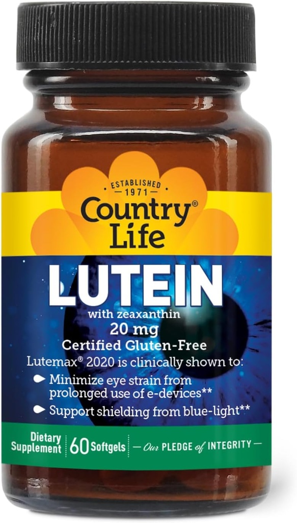 Country Life Lutein 20 mg Supplément - Certifié sans gluten - Eye Health Support with Lutein and Zeaxanthin - Réduit la souche oculaire des écrans - Pas de levure, maïs, blé, lait - 60 Softgels