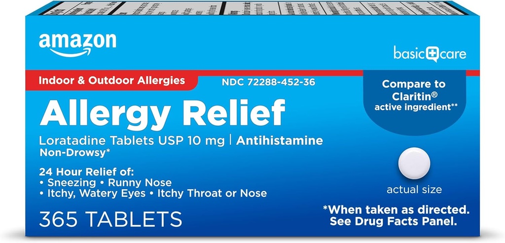   Basic Care Allergy Relief Loratadine Tablets 10 mg, White, 365 Count (Packaging may vary)